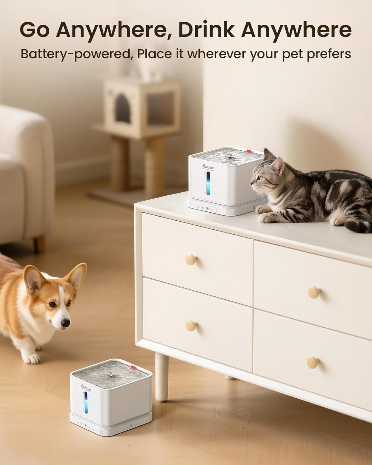 Cordless Cat Water Fountain, 3L/100Oz Stainless Steel Tray, Cat Fountains for Dr