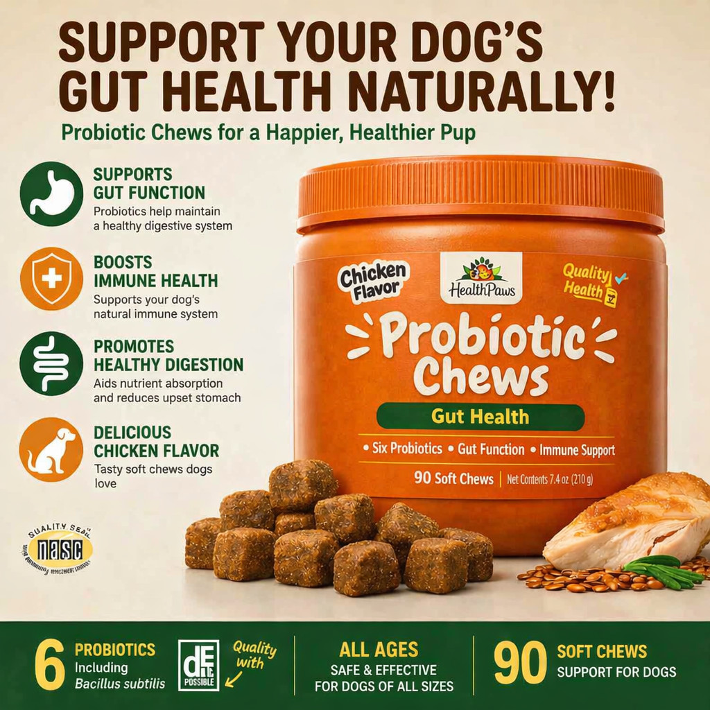 Probiotic Chews for Dogs – Gut & Immune Support – 6 Probiotics – Chicken Flavor