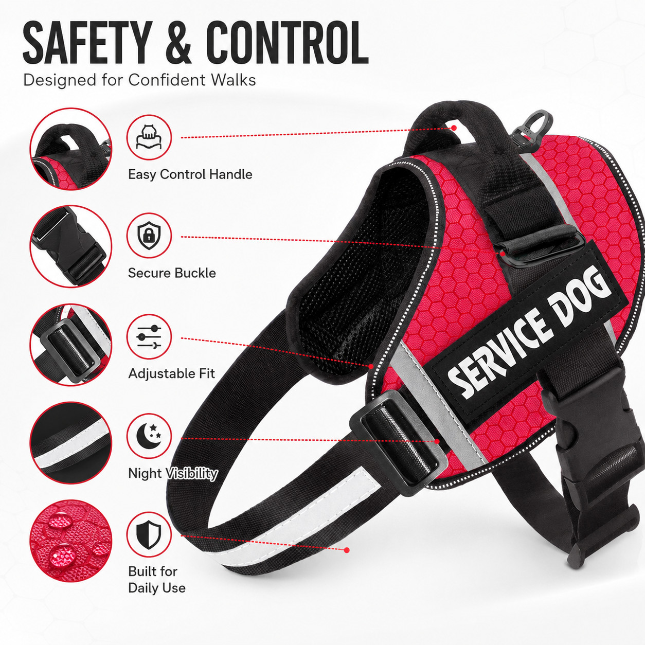 Reflective Service Dog Vest Harness, Woven Nylon with Adjustable Straps XS-XXL