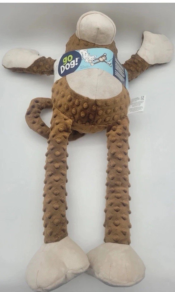 goDog Checkers Plush Monkey Dog Toy with Squeaker Brown Durable Soft Chew Toy