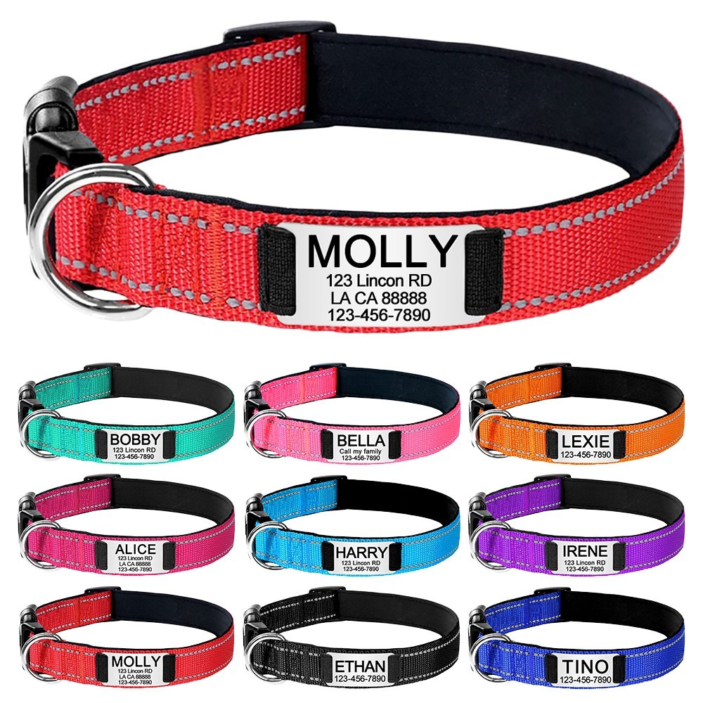 Reflective Nylon Dog Collar Custom Name, Personalized Pet ID Tag Adjustable XS-L