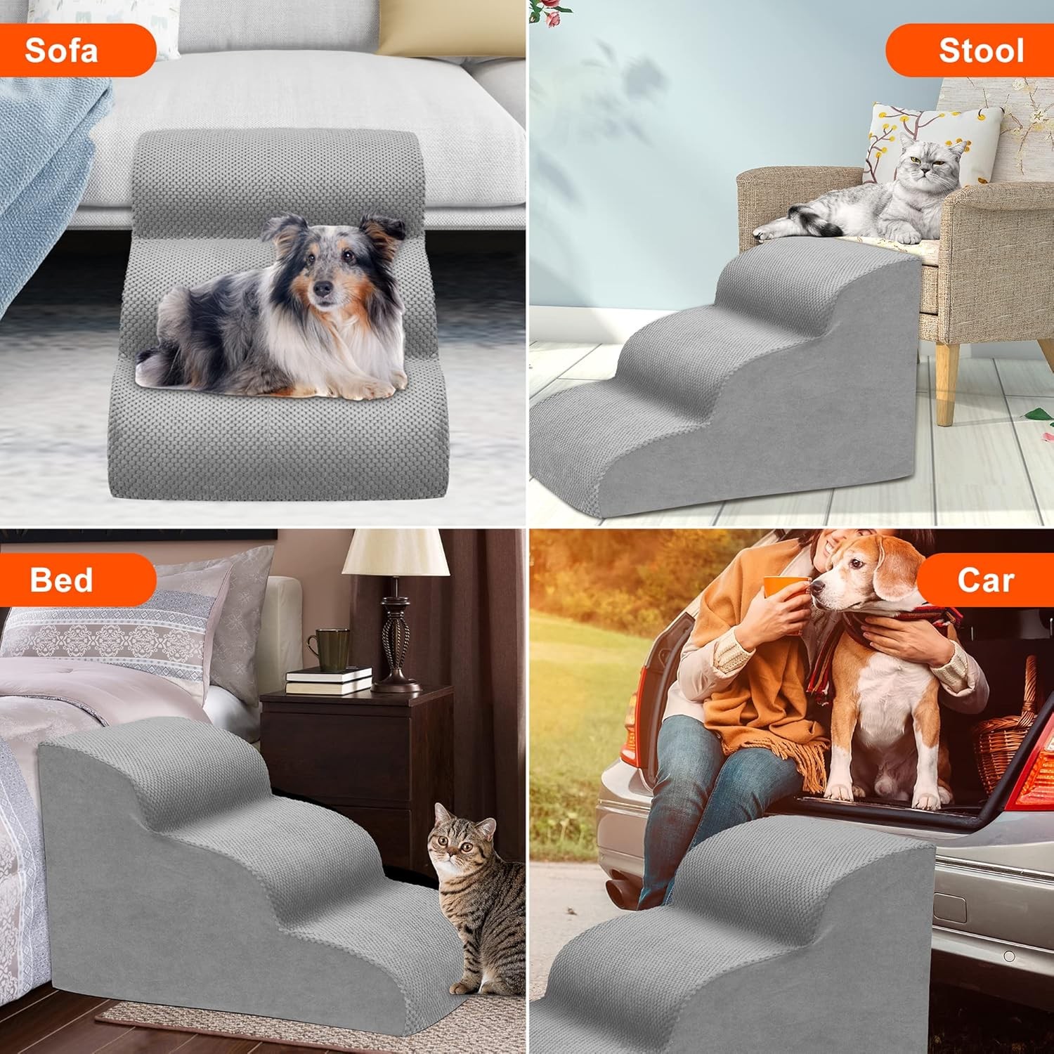 3 Step Stairs for Sofa & Chair NonSlip Sturdy Pet Steps Dogs Cats GREY