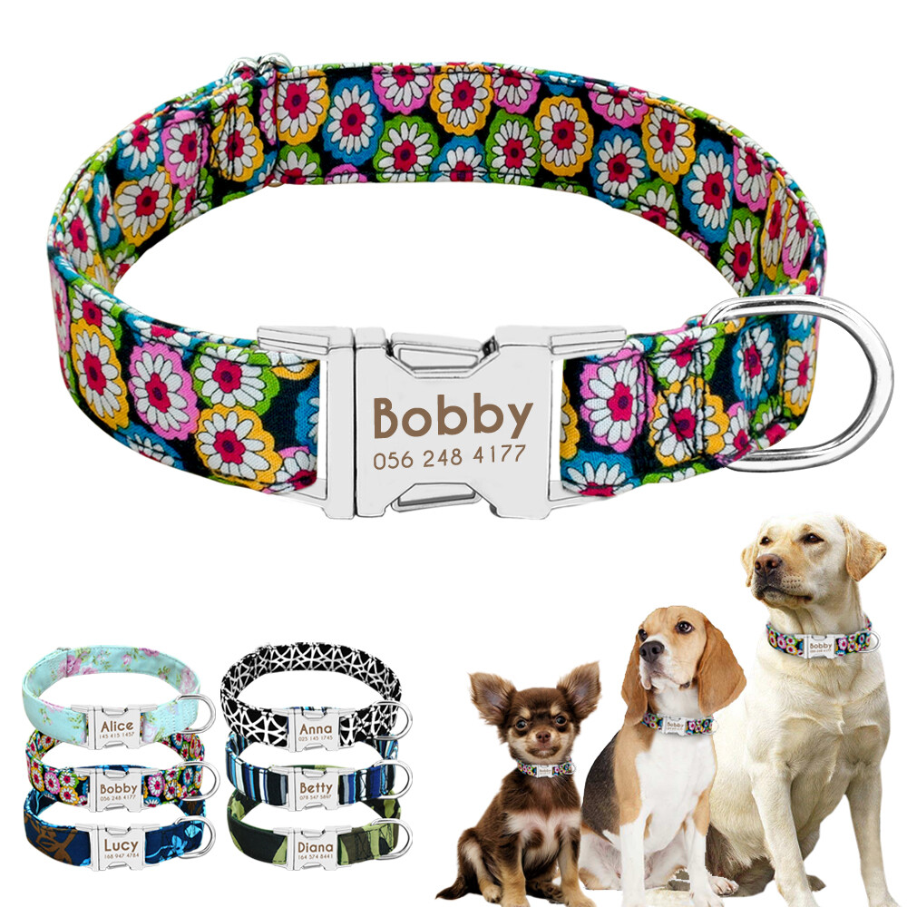 Nylon Cotton Personalized Dog Collar Pet Nameplate Custom Engrave ID Collar Tag