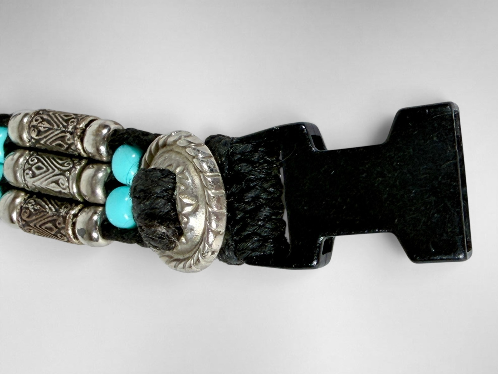 Handmade Western Horsehair Dog Collar Silver Engraved Tube Beads Turquoise 17