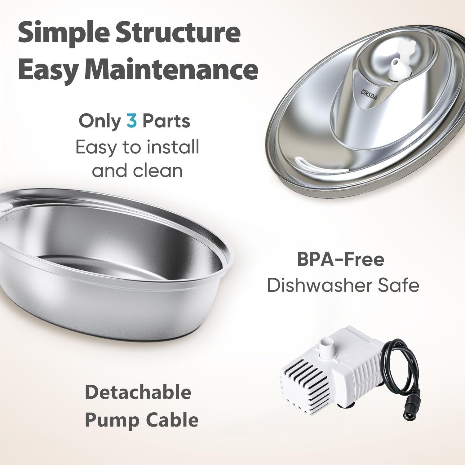 ORSDA Cat Water Fountain Stainless Steel, 2L Pet Fountain for Cats Inside, Do…