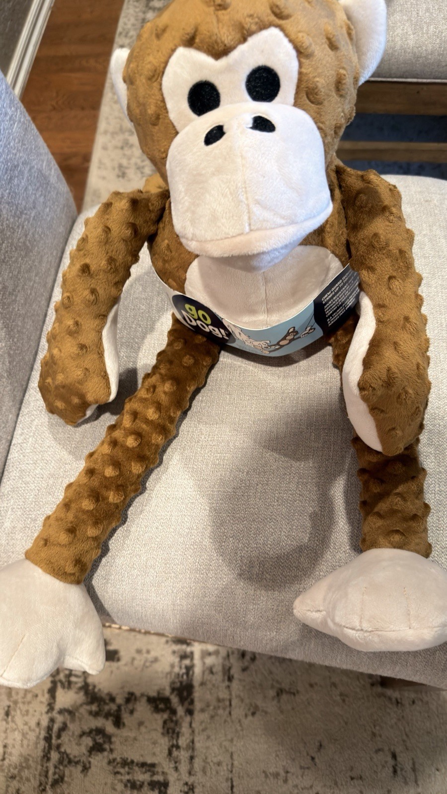 goDog Checkers Plush Monkey Dog Toy with Squeaker Brown Durable Soft Chew Toy
