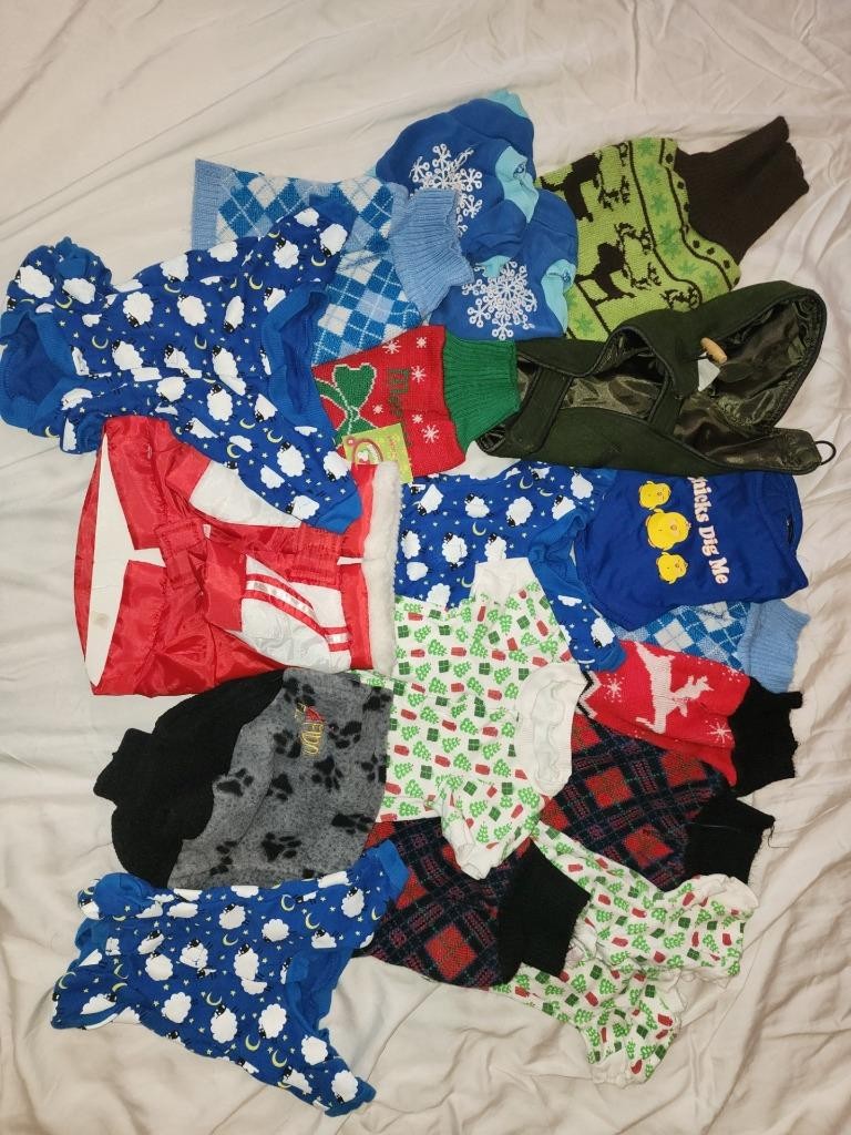 Lot of 18 Dog Sweaters – Coats – raincoats – for small & xtra small dogs