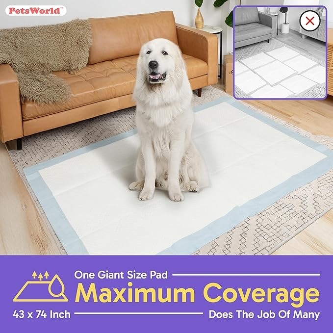 PETSWORLD Premium Extra Large Dog Pee Pads (43″ x 74″)Jumbo Puppy Training Pads