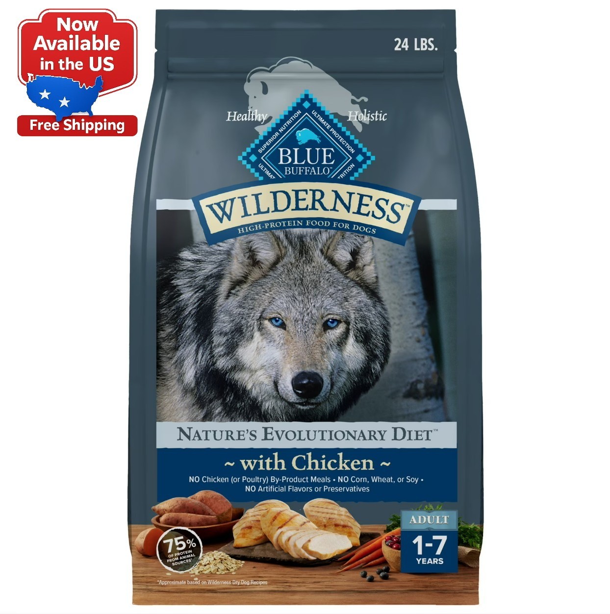 Blue Buffalo Wilderness Natural High-Protein Adult Dog Dry Food, Chicken , 24lb