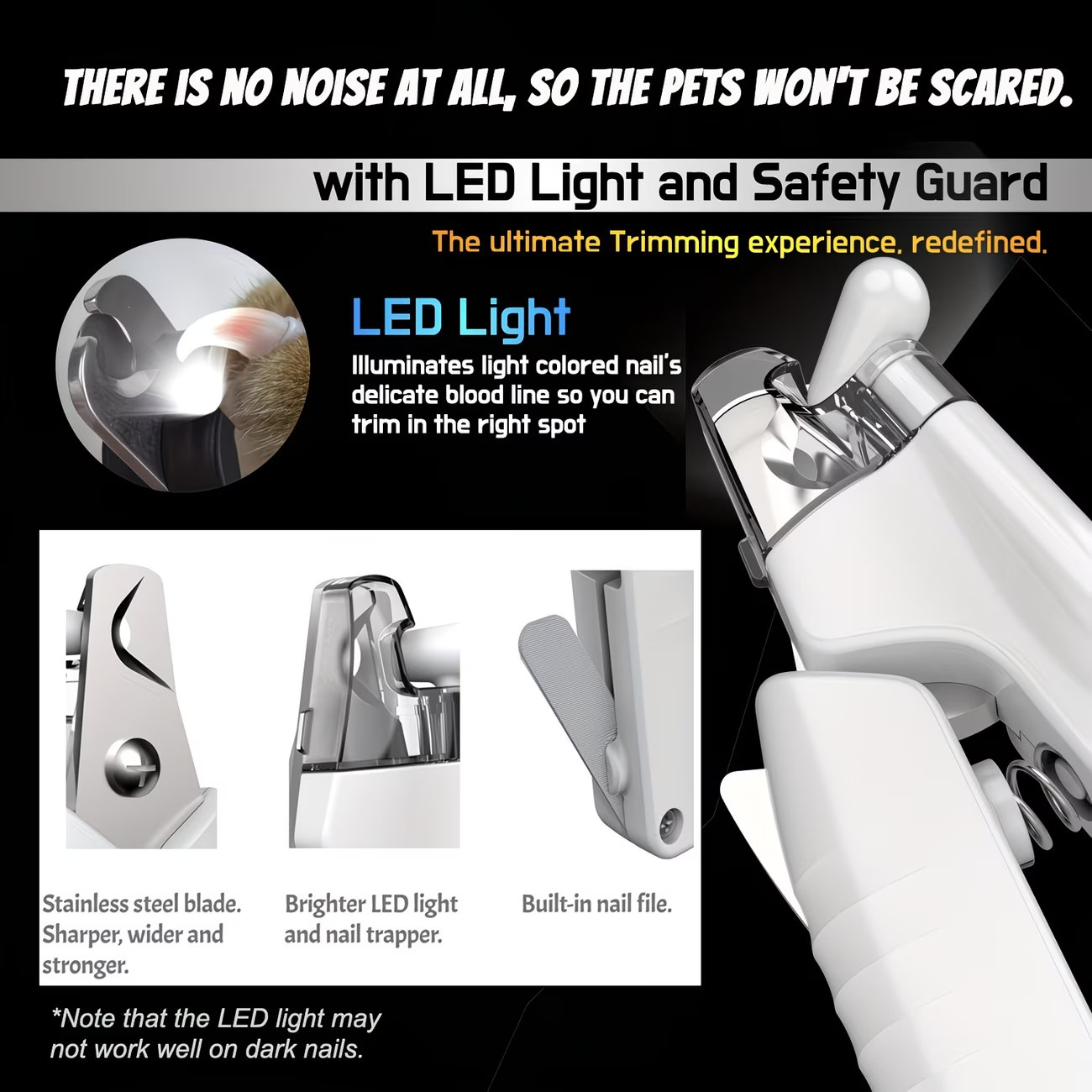 3in1 Dog Nail Clippers Grinder w/ LED Light Electric Pet Claw File for Pets Dogs