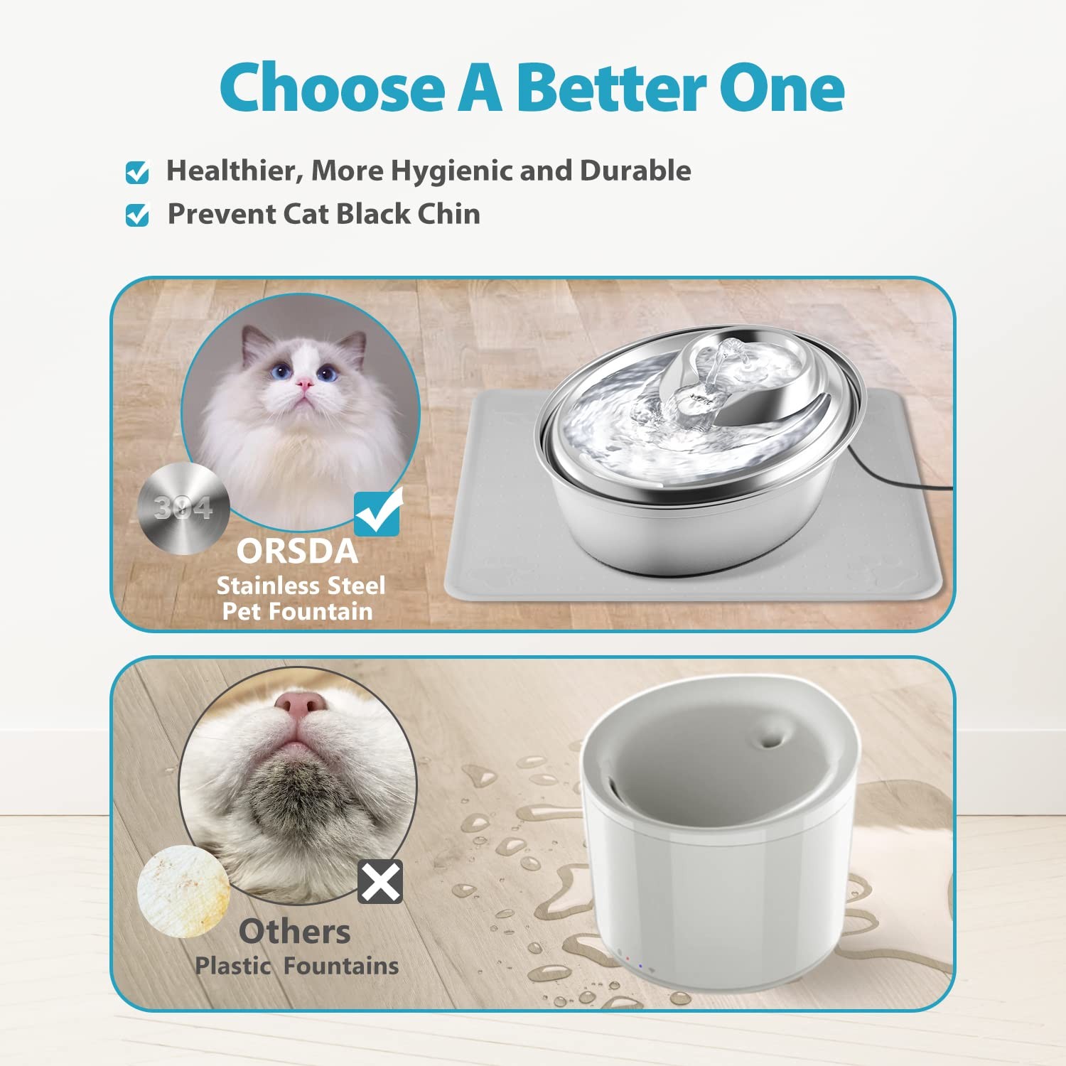 ORSDA Cat Water Fountain Stainless Steel, 2L Pet Fountain for Cats Inside, Do…