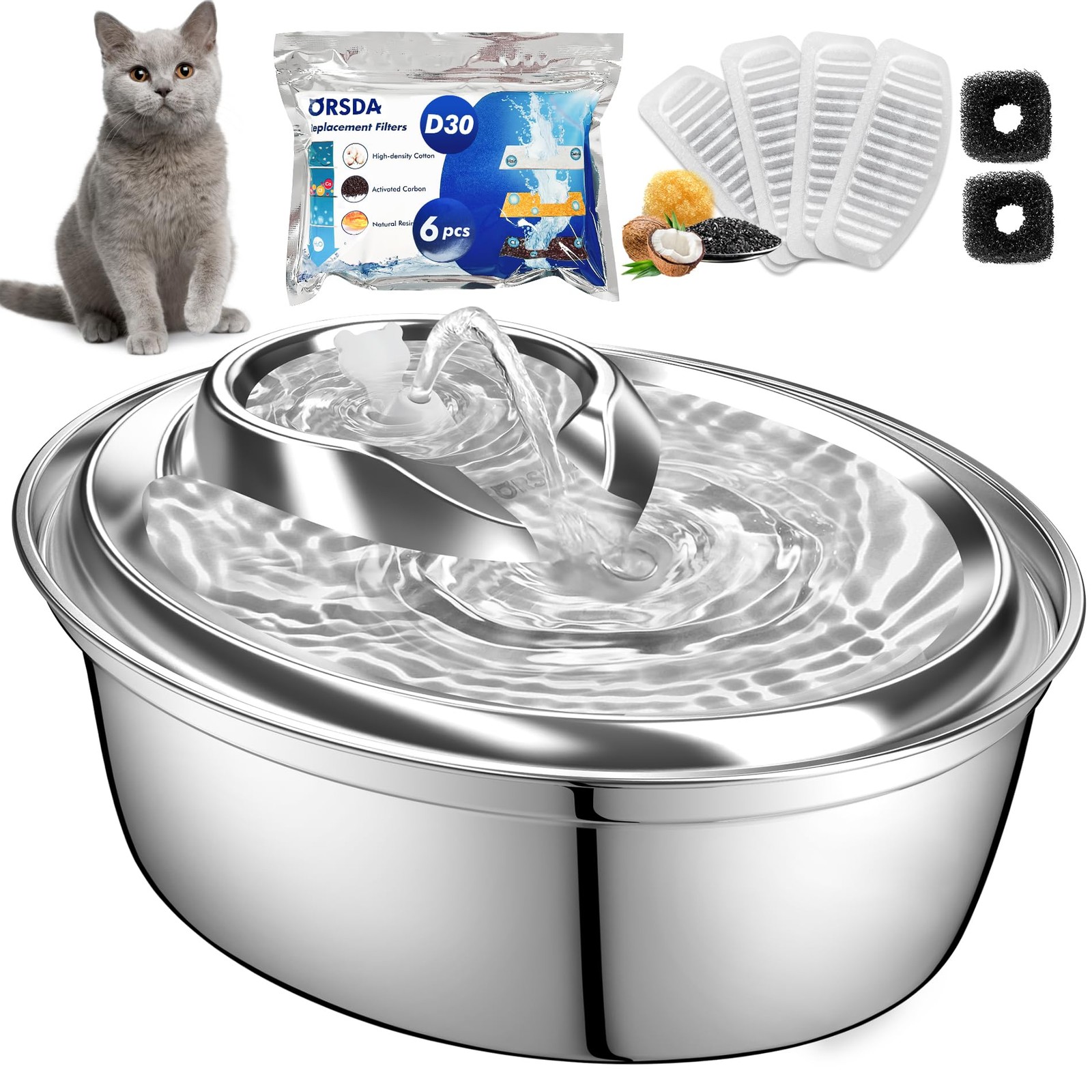 ORSDA Cat Water Fountain Stainless Steel, 2L Pet Fountain for Cats Inside, Do…