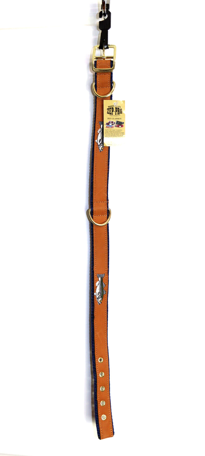 ZEP-PRO Brown Leather Blue Trim Fish Dog Collar 1-1/4″ Thick 26-1/2″ Long USA