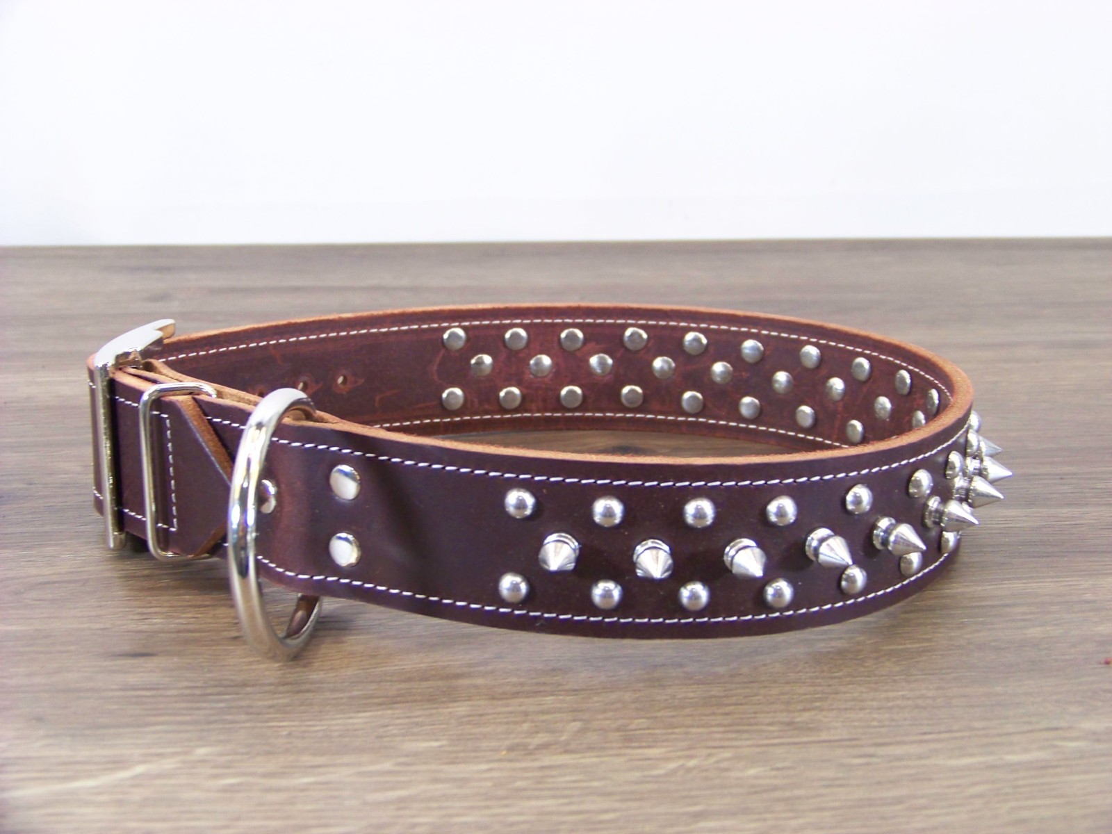 1 – 1/2″ Wide Top Quality Leather Dog Collar W/ Spikes & Domes Made In USA