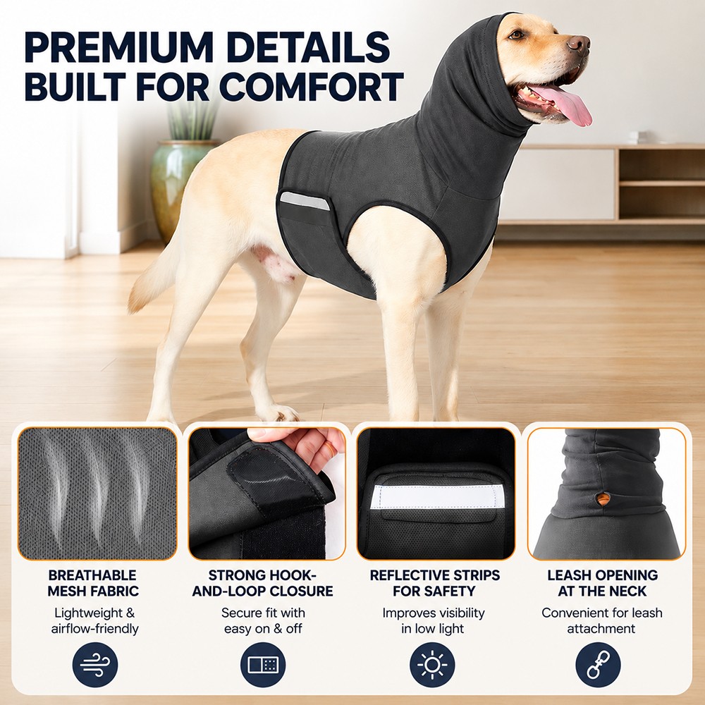 Dog Anxiety Vest with Hood Calming Wrap Stress Relief Coat for Thunder Fireworks