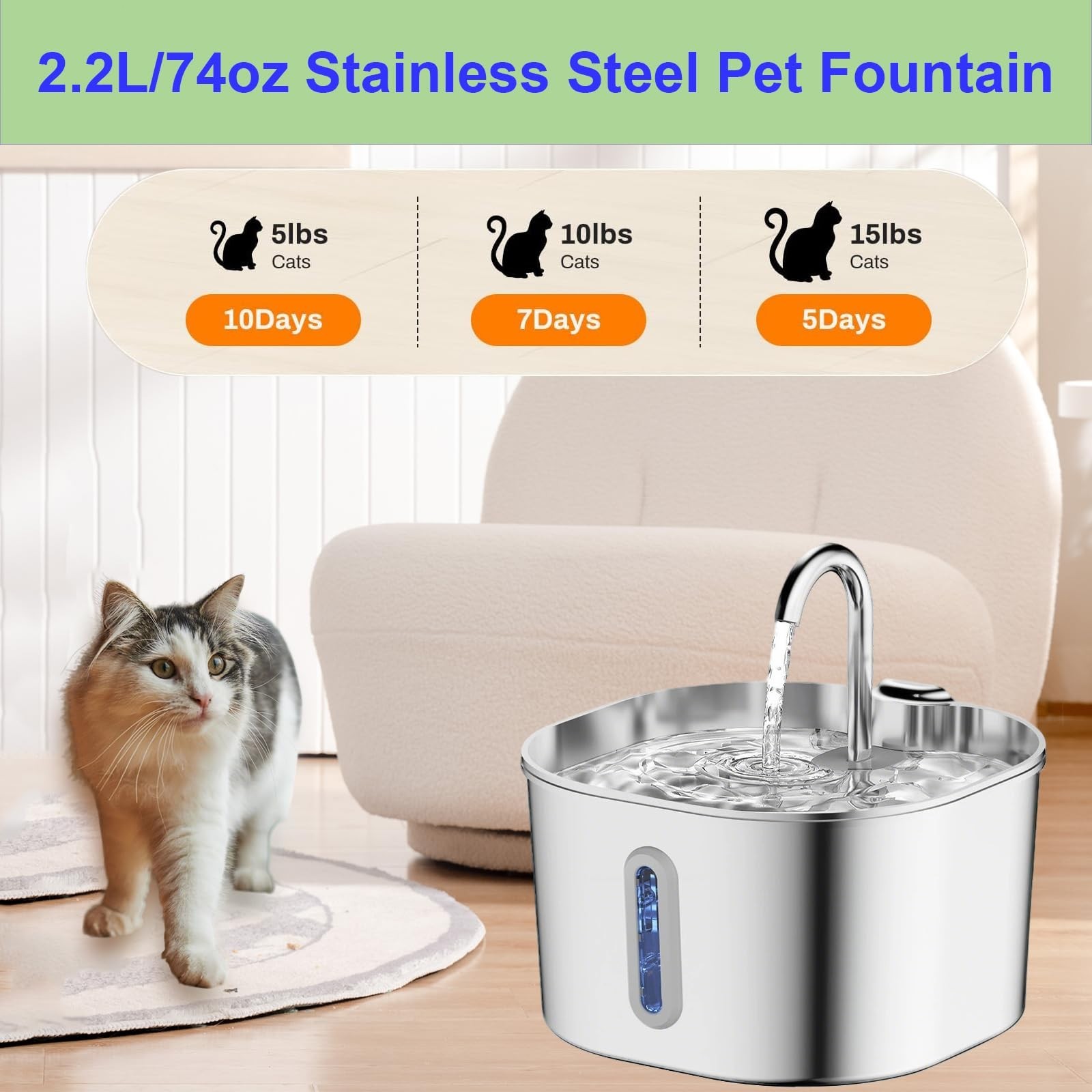 Cat Water Fountain Stainless Steel 74oz/2.2L Automatic Pet Dog Water Fountain