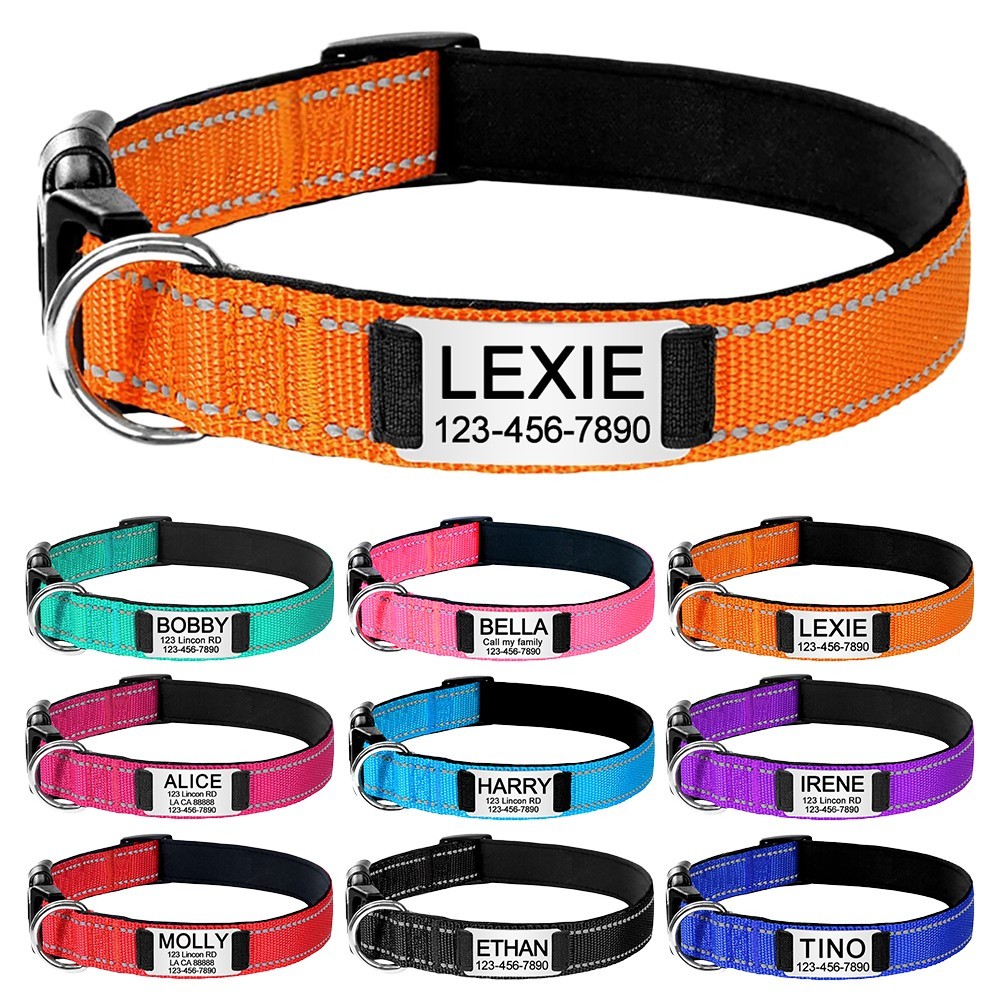 Reflective Nylon Dog Collar Custom Name, Personalized Pet ID Tag Adjustable XS-L