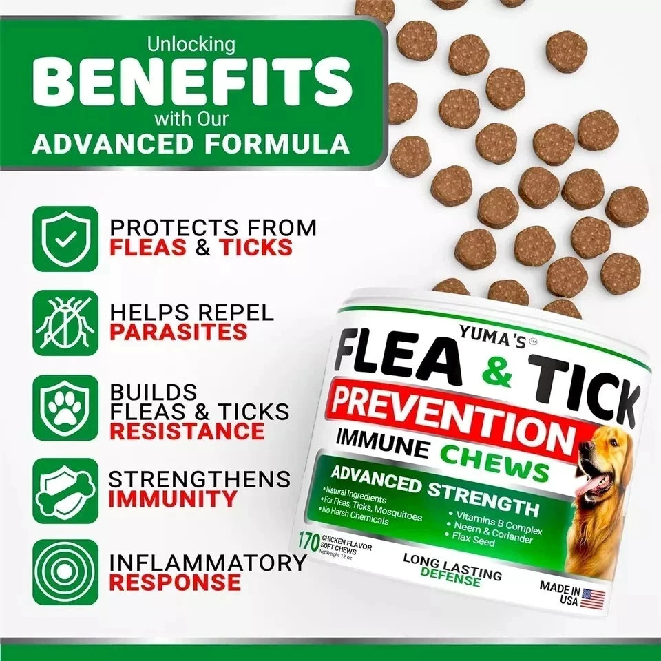 100% Natural Flea and Tick Prevention Chewable Pills for All Dogs, Made In USA ⭐