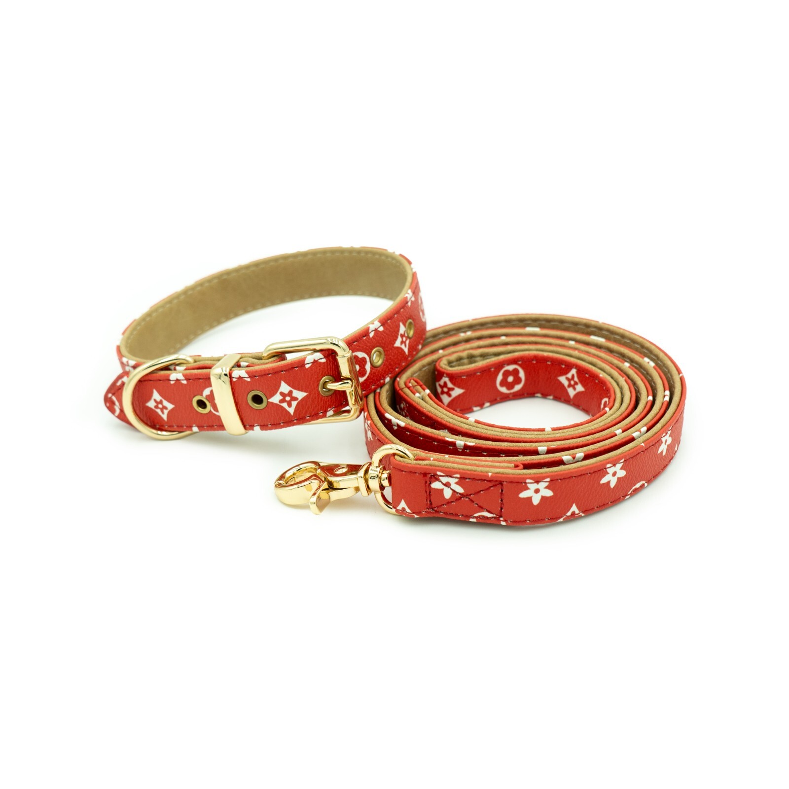Red Collar + Leash kit -PU Leather Designer monogram Dog Collar Gold hardware