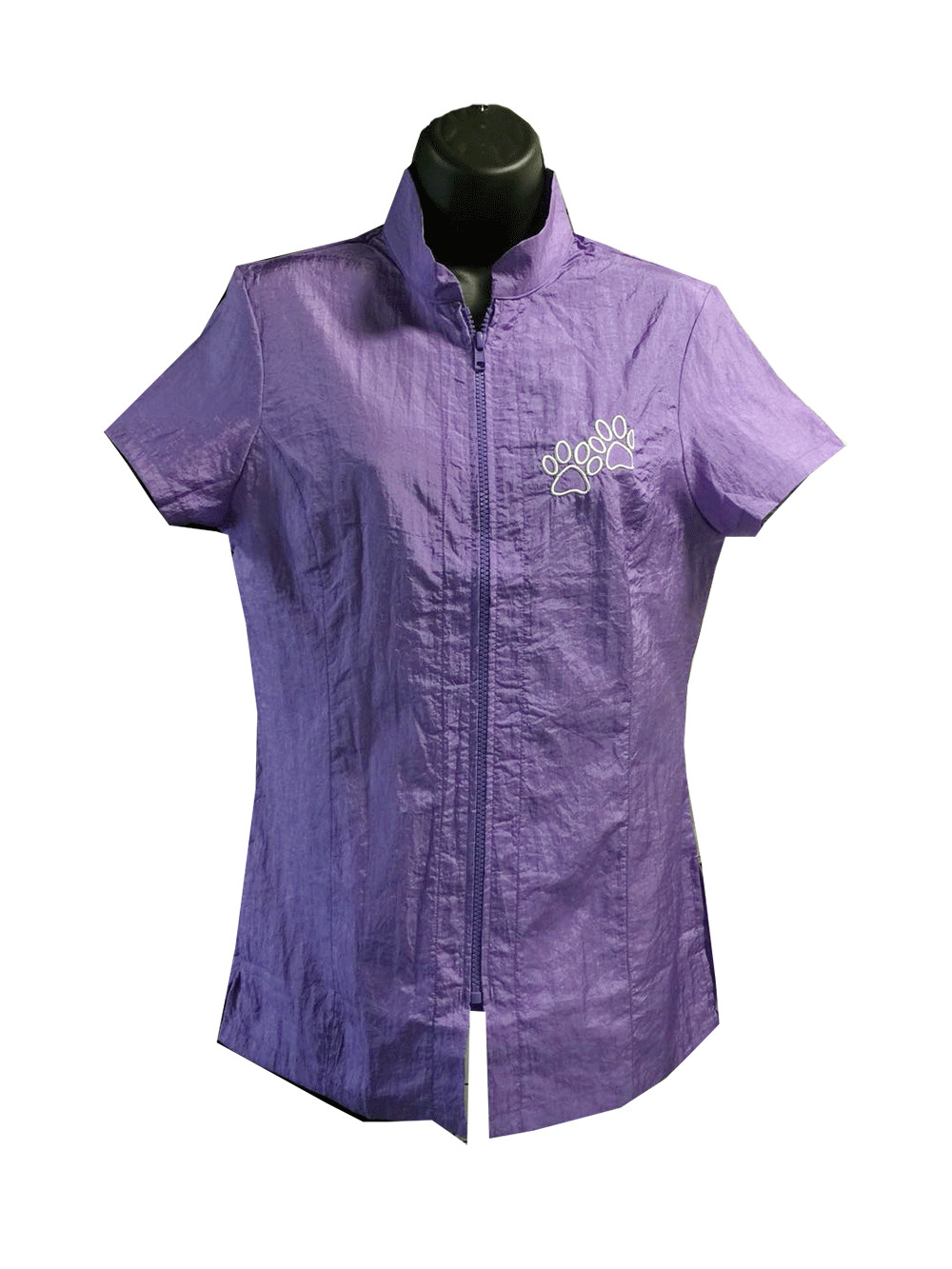 Grooming Zip-Up Smock Uniform Semi Fitted Short Sleeves Embroidery Nylon