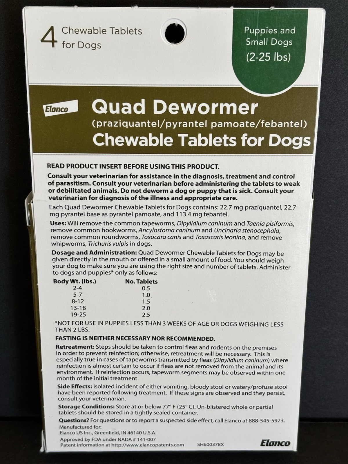 Elanco Quad Dewormer Chewable Tablets 4 Ct for Small Dogs 2-25 lb , EXP 12/2026