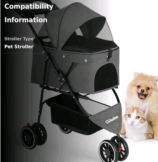 CHIHUAHUA 🐕 Pet Dog Cat Stroller for Sm~lrg Dogs Cats w/ Cup Holder Blk~n~Gry👀