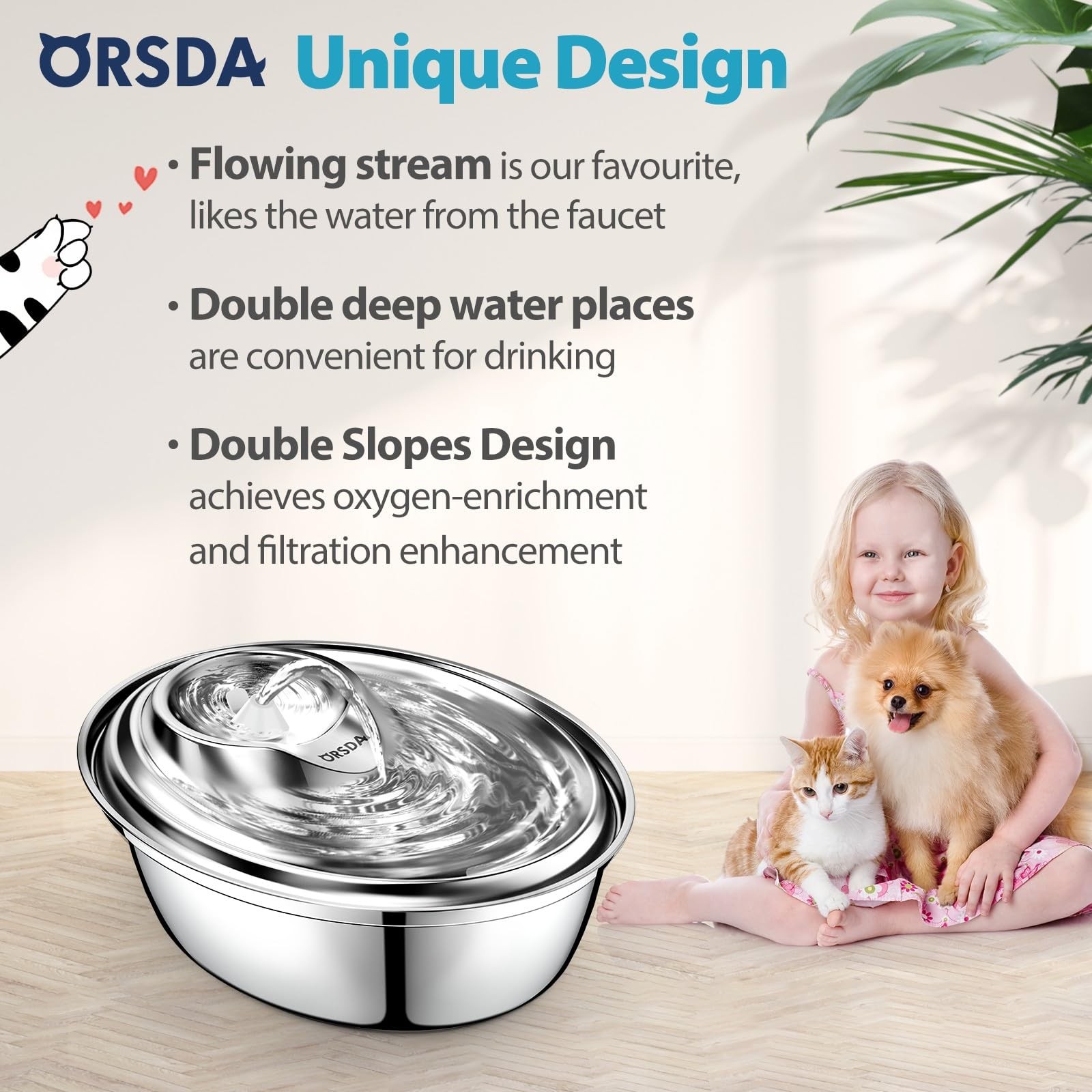 ORSDA Cat Water Fountain Stainless Steel, 2L Pet Fountain for Cats Inside, Do…