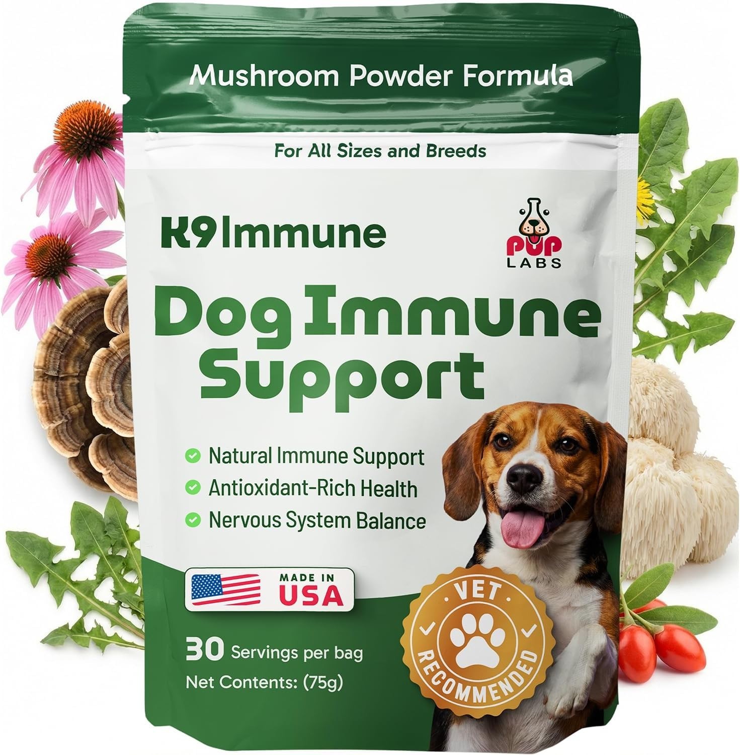 Pup Labs K9 Immune, All-Natural Mushroom Powder for Dogs for Immunity-30 Serving