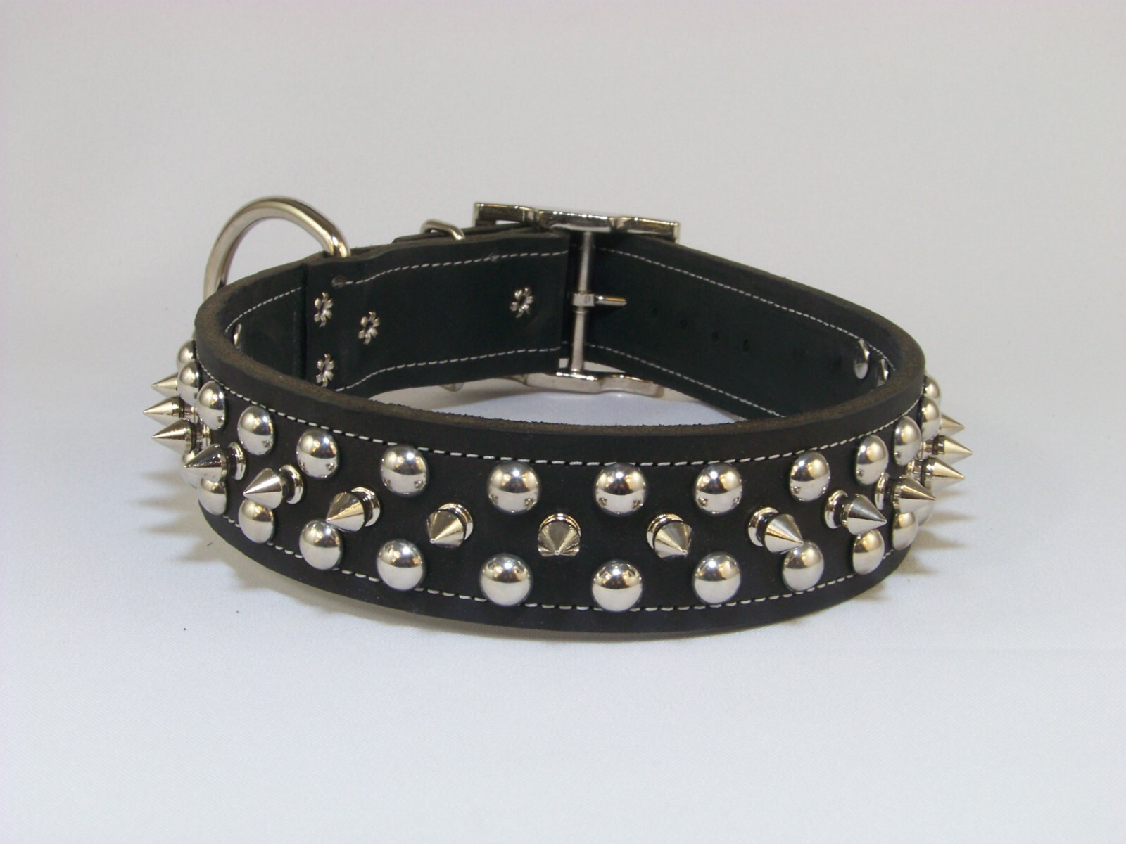 1 – 1/2″ Wide Top Quality Leather Dog Collar W/ Spikes & Domes Made In USA