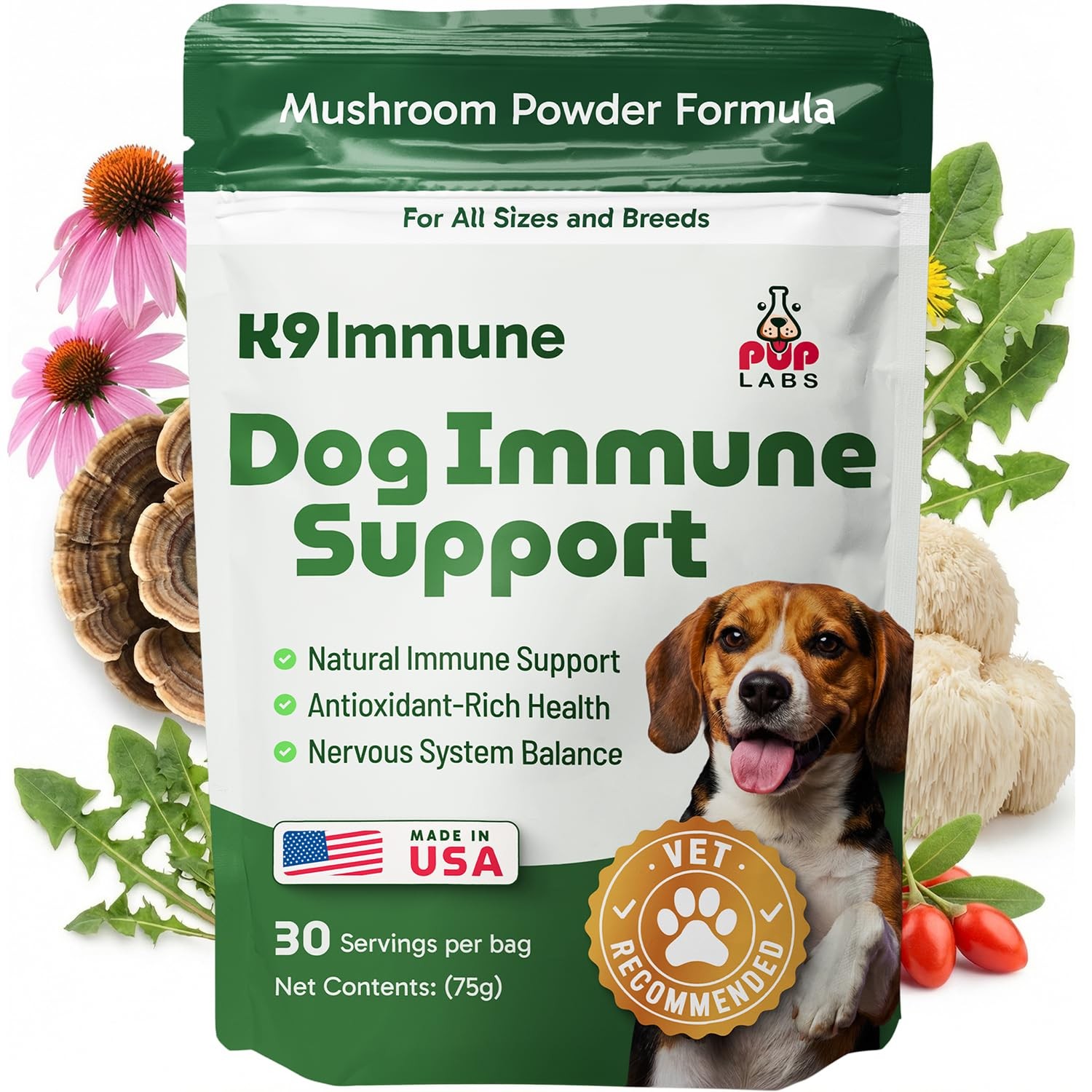 Dog Immune Support Powder 30 serv All-Natural Mushroom Dogs Immunity Digestion