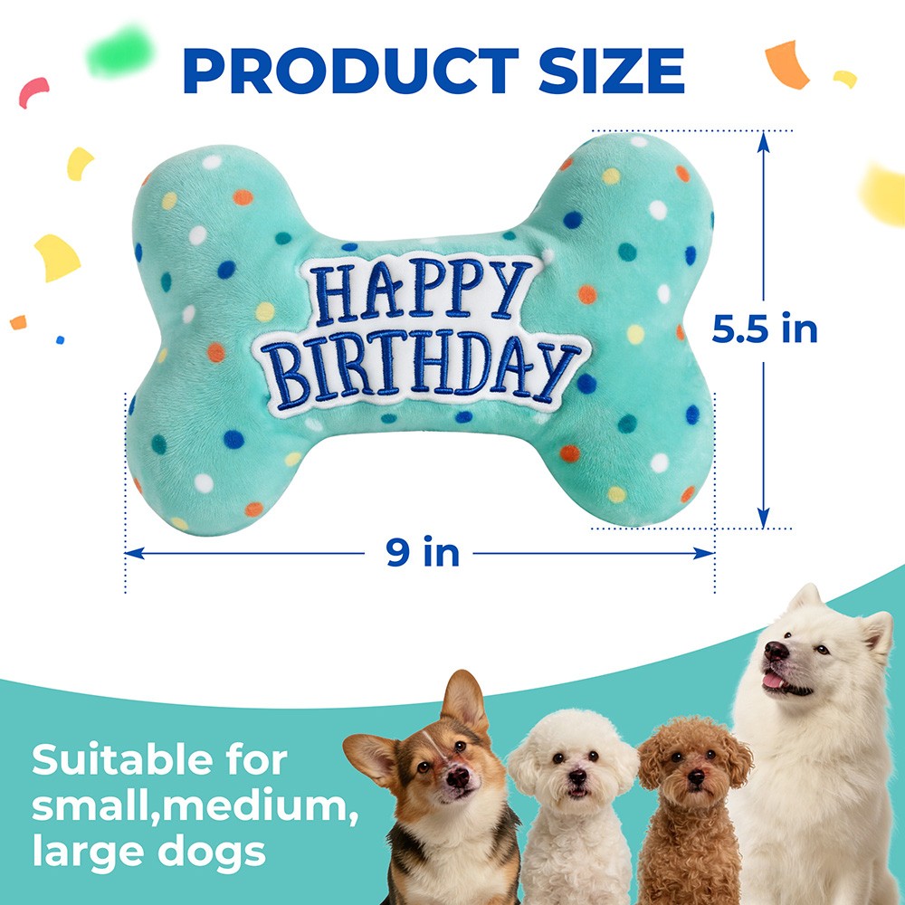 Dog Birthday Toys Plush Dog Squeaky Toys Stuffed Puppy Chew Toy Bone Pet Toy