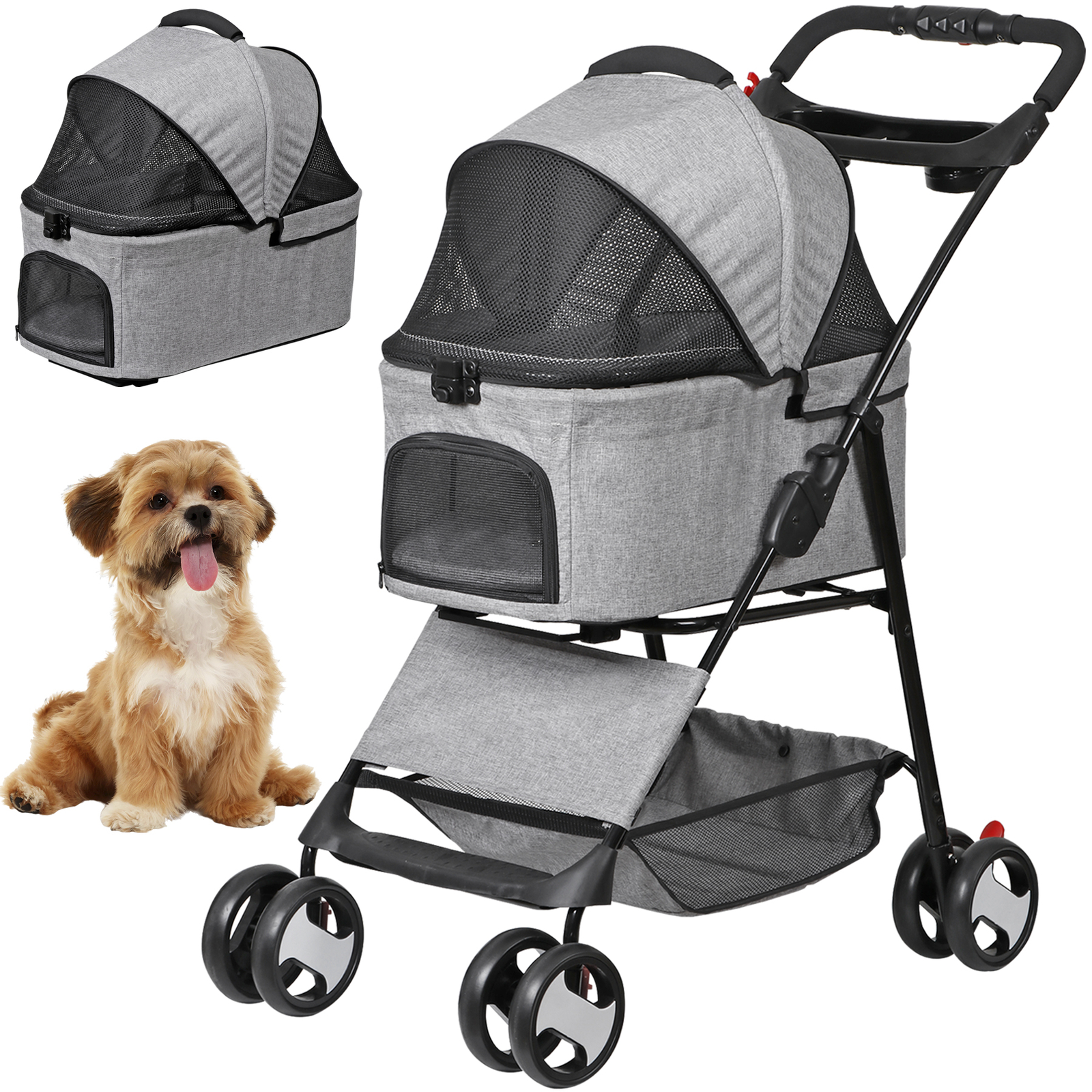 3 in 1 Folding Dog Stroller Pet Stroller for Medium Dog w/Removable Carrier Gray