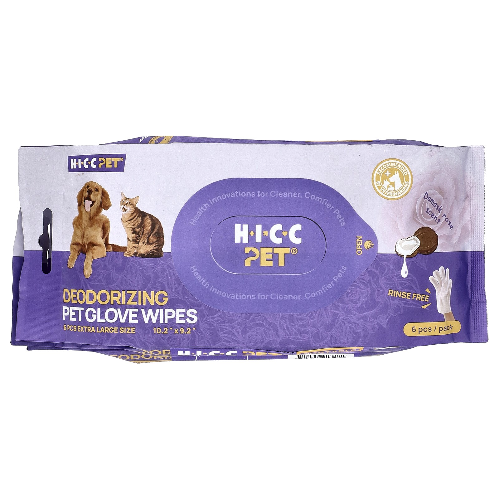 Deodorizing Pet Glove Wipes, Extra Large, Damask Rose, 3 Pack, 6 Pieces Each
