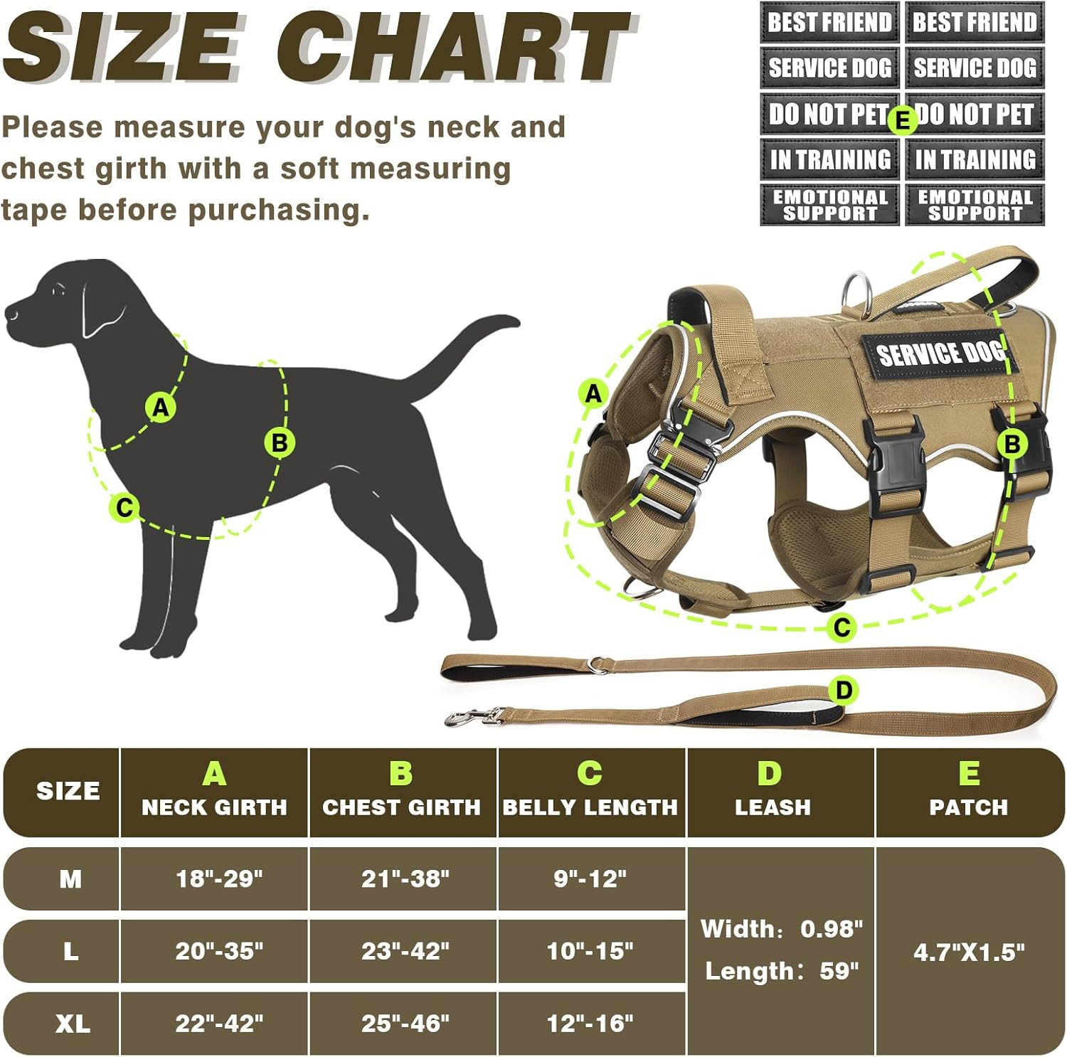 Service Dog Vest and Leash Set,Heavy Duty Tactical Dog Harness with Metal Buckle
