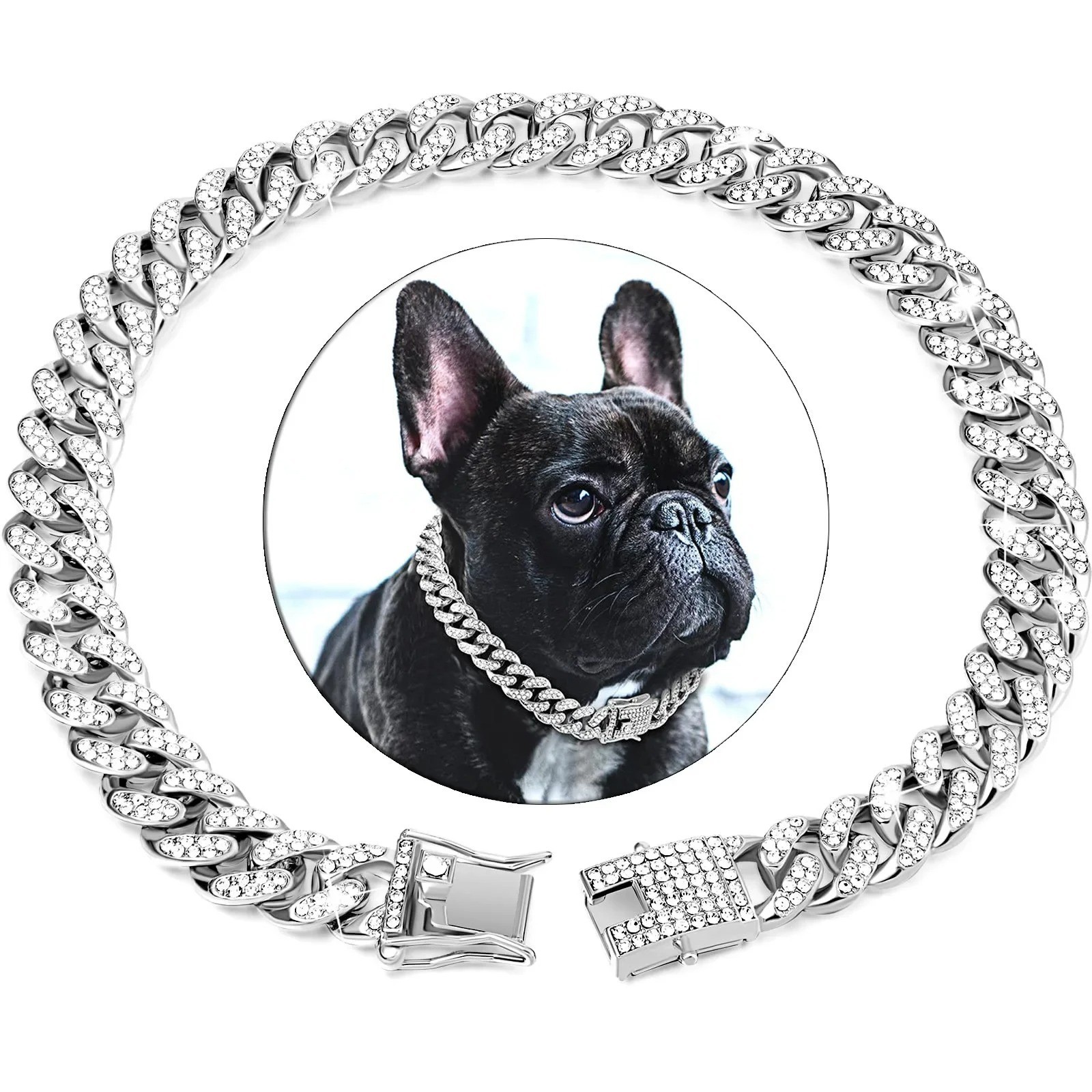 Dog Diamond Cuban Chain Collar Metal Pet Necklace w/ Secure Buckle Cat Jewelry