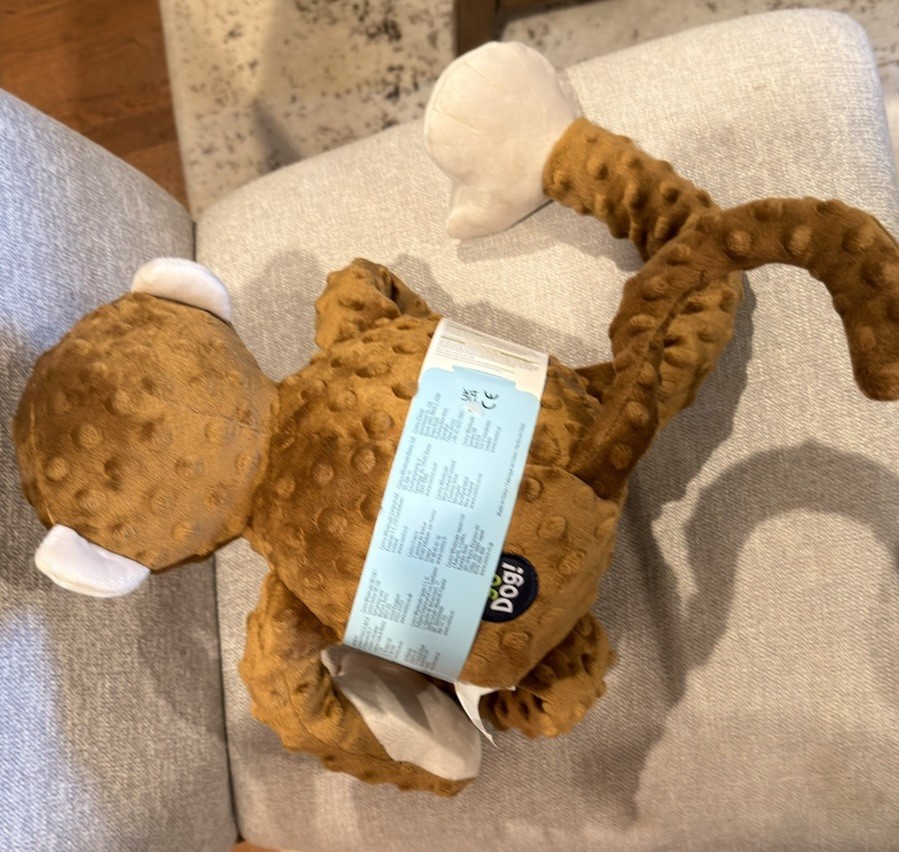 goDog Checkers Plush Monkey Dog Toy with Squeaker Brown Durable Soft Chew Toy