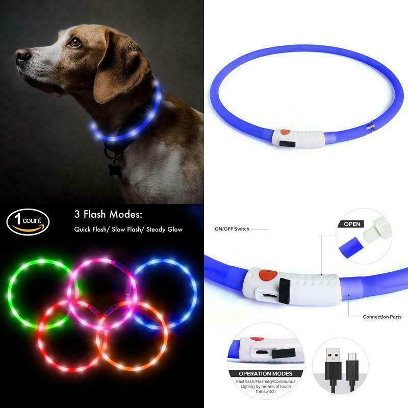 SOFT SILICONE LED FLASH dot LIGHT-UP glow el USB rechargeable Pet Dog Cat COLLAR