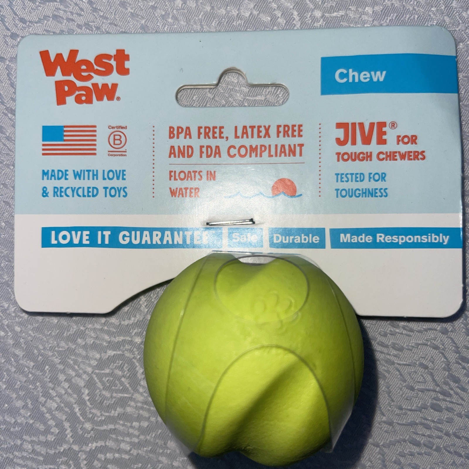 West Paw Jive XS Dog Chew Toy Durable Dishwasher Safe Recycled Plastic Blue