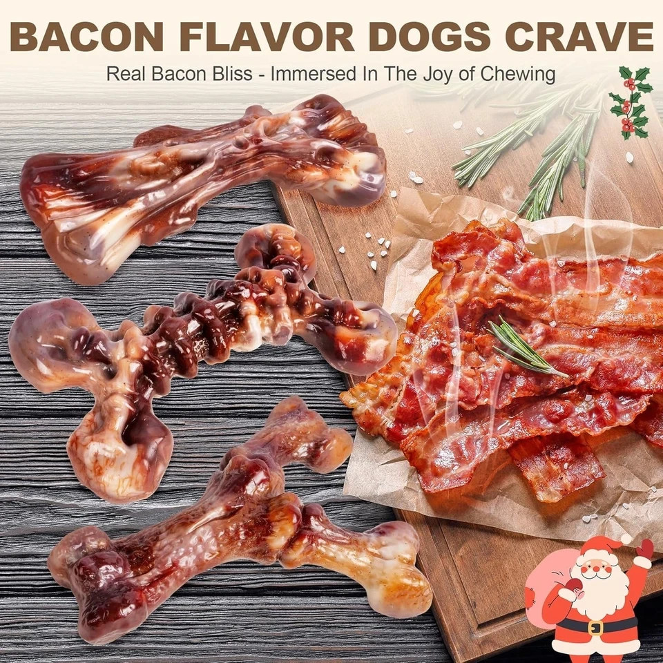Dog Toys for Aggressive Chewers – 3-Pack Indestructible Bacon-Flavored Chew Toys