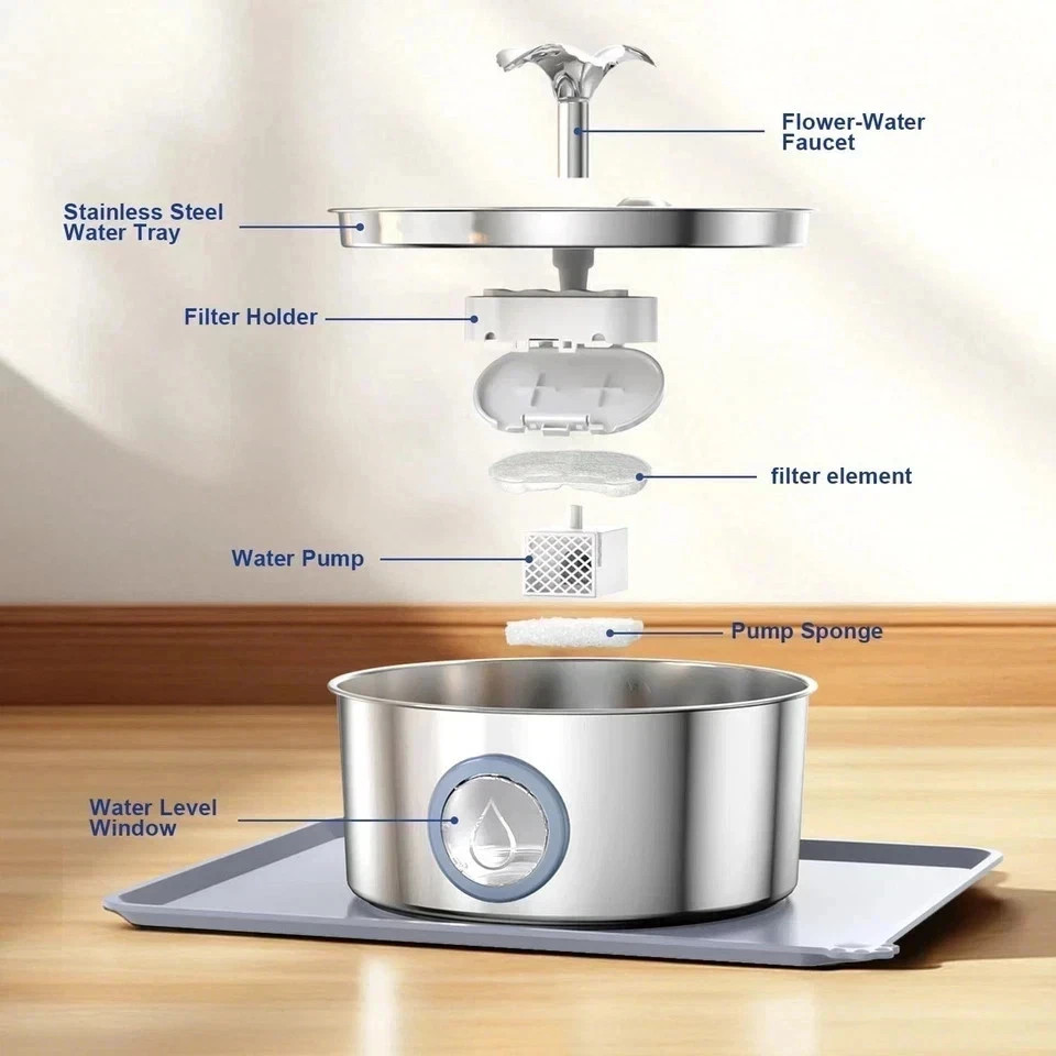 Stainless Steel Cat Water Fountain 3.2L Pet Drinking Fountain Dispenser for Cats