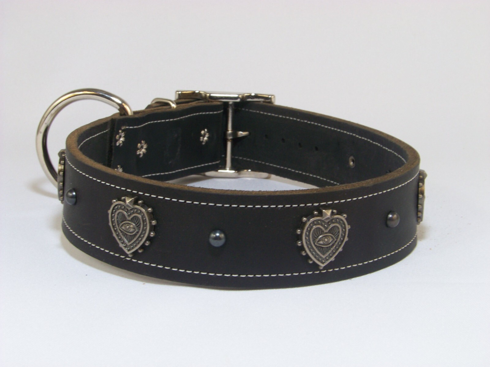 1 – 1/2 Inch – Wide Top Quality Leather Dog Collar W/ Heart Conchos Made in USA