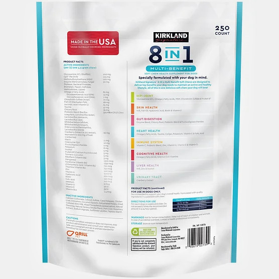 NEW KIRKLAND SIGNATURE 8 IN 1 MULTI BENEFIT SOFT CHEWS FOR DOGS, 250 COUNT