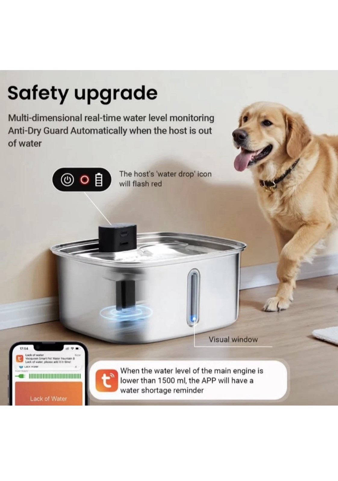 Vacqueen Smart Stainless Steel Dog Water Fountain, Silver, 10-L