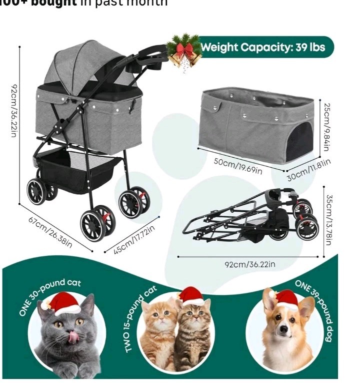CHIHUAHUA 🐕 Pet Dog Cat Stroller for Sm~lrg Dogs Cats w/ Cup Holder Blk~n~Gry👀